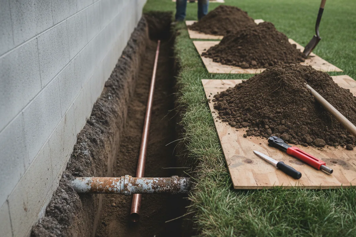 Excavated water line trench during Water Softener Installation in Pickerington